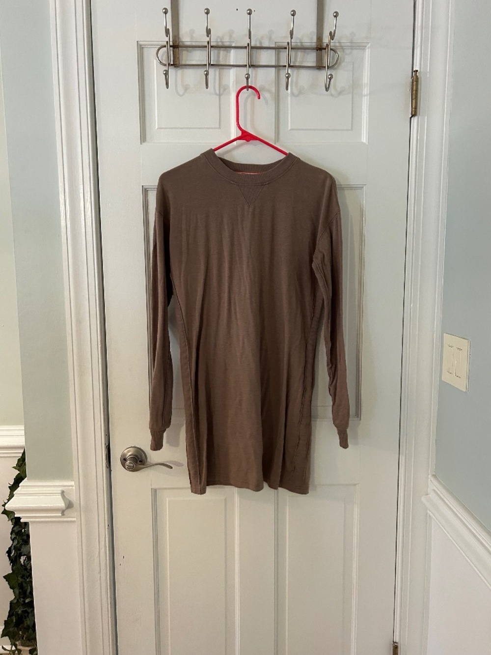 Brown Long Sleeve Sweatshirt Tunic Mini Dress Casual Cozy Neutral